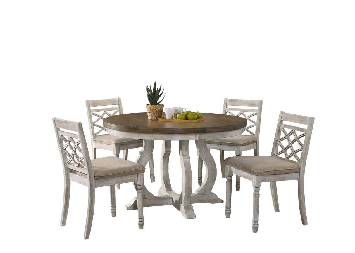Havanna - 5 Piece Wide Contemporary Round Dining Table With Off White Fabric Chairs (Set of 5) - Vintage Walnut by Couch.com