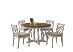 Havanna - 5 Piece Wide Contemporary Round Dining Table With Off White Fabric Chairs (Set of 5) - Vintage Walnut by Couch.com