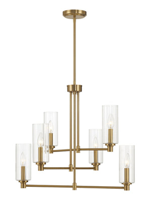 The Timeless chandelier is an elegant, minimalist design featuring a central rod in antique brass and gold with horizontal arms. Each holds two cylindrical clear ribbed satin glass shades, encasing candle-shaped bulbs.