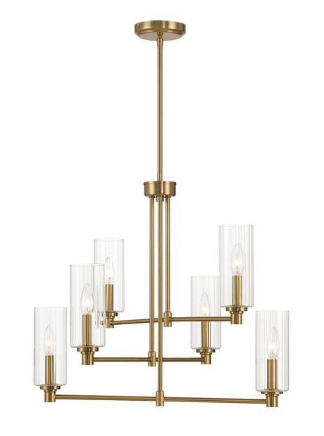 The Timeless chandelier is an elegant, minimalist design featuring a central rod in antique brass and gold with horizontal arms. Each holds two cylindrical clear ribbed satin glass shades, encasing candle-shaped bulbs.
