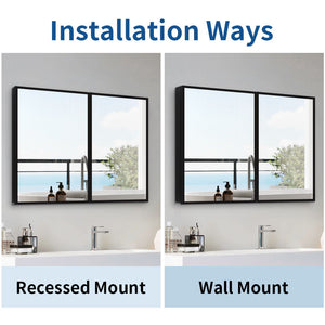 26X30" Black Metal Framed Wall Mount Or Recessed Bathroom Medicine Cabinet With Mirror - Black by Couch.com