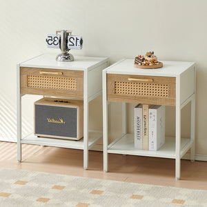 15.74" Rattan End Table With Drawer, Modern Nightstand, Metal Legs, Side Table For Living Room, Bedroom by Couch.com