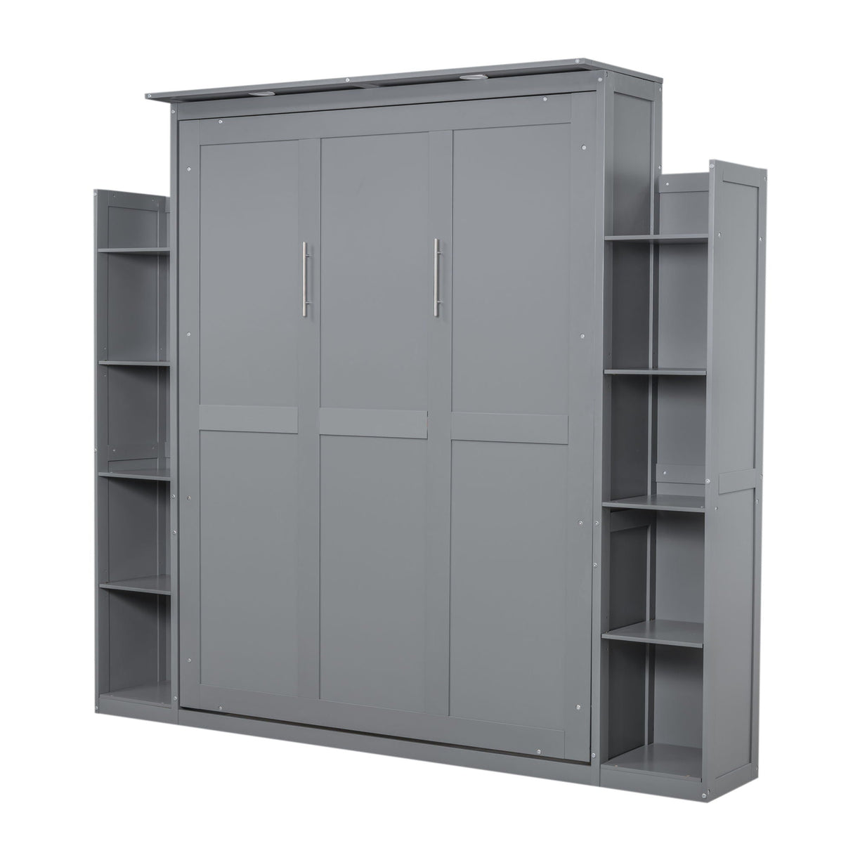 Gray Wall Murphy Bed with two folding doors, five-tier shelves on both sides, visible storage partitions, and LED lights. Its simple, modern design features the bed in a closed upright position.