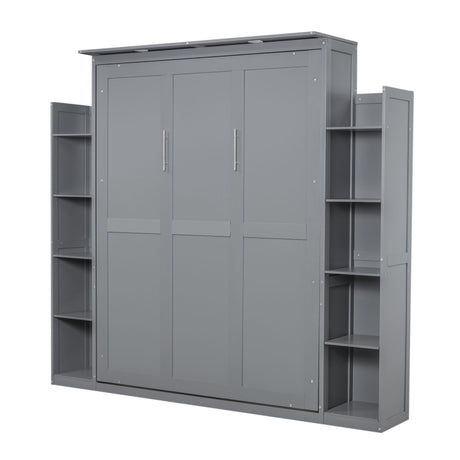 Gray Wall Murphy Bed with two folding doors, five-tier shelves on both sides, visible storage partitions, and LED lights. Its simple, modern design features the bed in a closed upright position.
