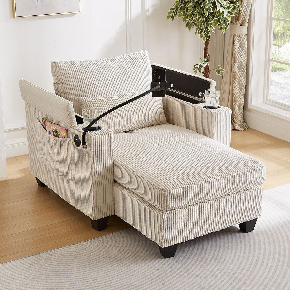 Convertible Chaise Lounge Sofa Chair With USB Ports, Cup Holders, Phone Holder And Storage by Couch.com