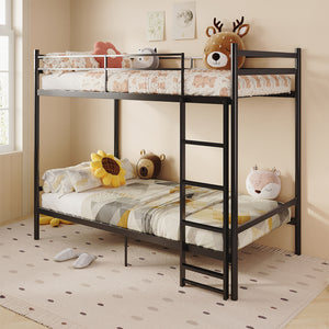 Twin Over Twin Metal Bunk Bed, Heavy Duty Bed Frame with Anti-Slip Ladder & Tall Safety Guardrails, Space-Saving Bunkbeds with Under-Bed Storage for Kids Teens Adults, Black