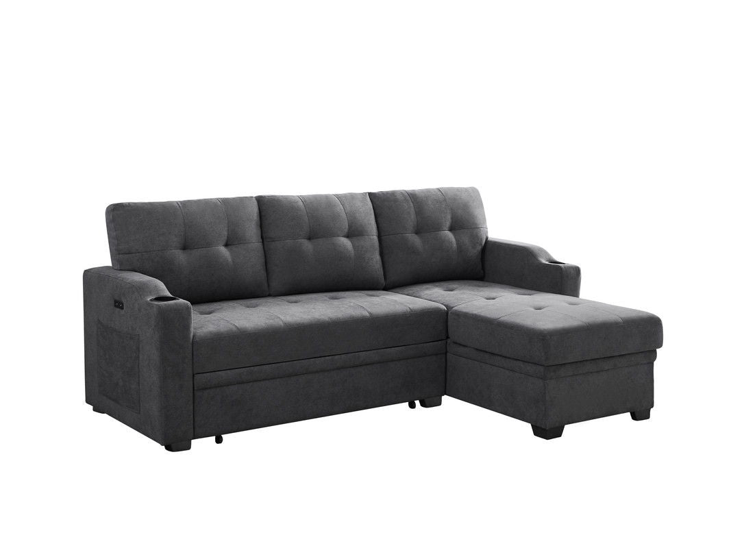 Mabel - Woven Fabric Sleeper Sectional With Cupholder, USB Charging Port nd Pocket - Dark Gray by Couch.com