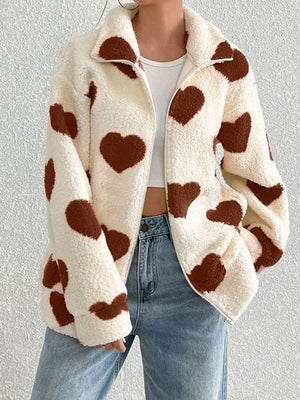 Cute Heart Zip Up Drop Shoulder Furry Jacket Cozy & Trendy Cold-Weather Essential Warm Soft Winter Jacket For Your Girl