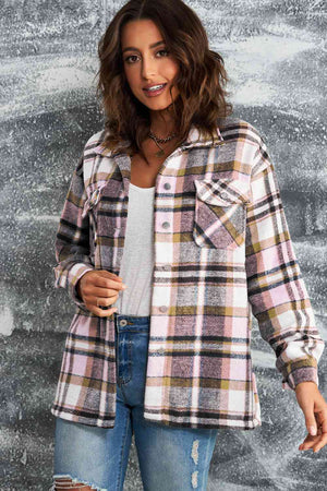Classic Plaid Button Front Shirt Jacket with Breast Pockets Casual & Minimalist Outerwear