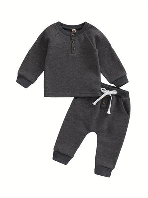 Toddler Thicken Waffle Clothes Set Boy Girls Buttons Round