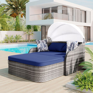 Outdoor Sunbed With Adjustable Canopy, Daybed With Pillows, Double Lounge, PE Rattan Daybed by Couch.com