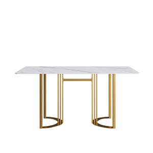 63" Modern Artificial Stone Straight Edge Metal Leg Dining Table, 6 People - White / Gold by Couch.com
