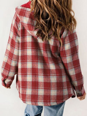 Plaid Snap Down Plush Hooded Jacket Soft & Warm Women Outerwear Cozy And Comfortable Jacket
