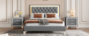 3-Pieces Bedroom Set, Queen Size Upholstered Platform Bed with LED Lights and Two Nightstands - Gray