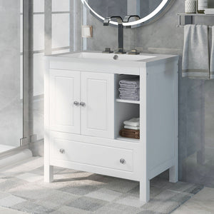 The Bathroom Vanity With Sink features a solid wood frame, ceramic sink, storage cabinet with doors and drawers, and stands on a checkered rug in a modern gray-tiled bathroom.