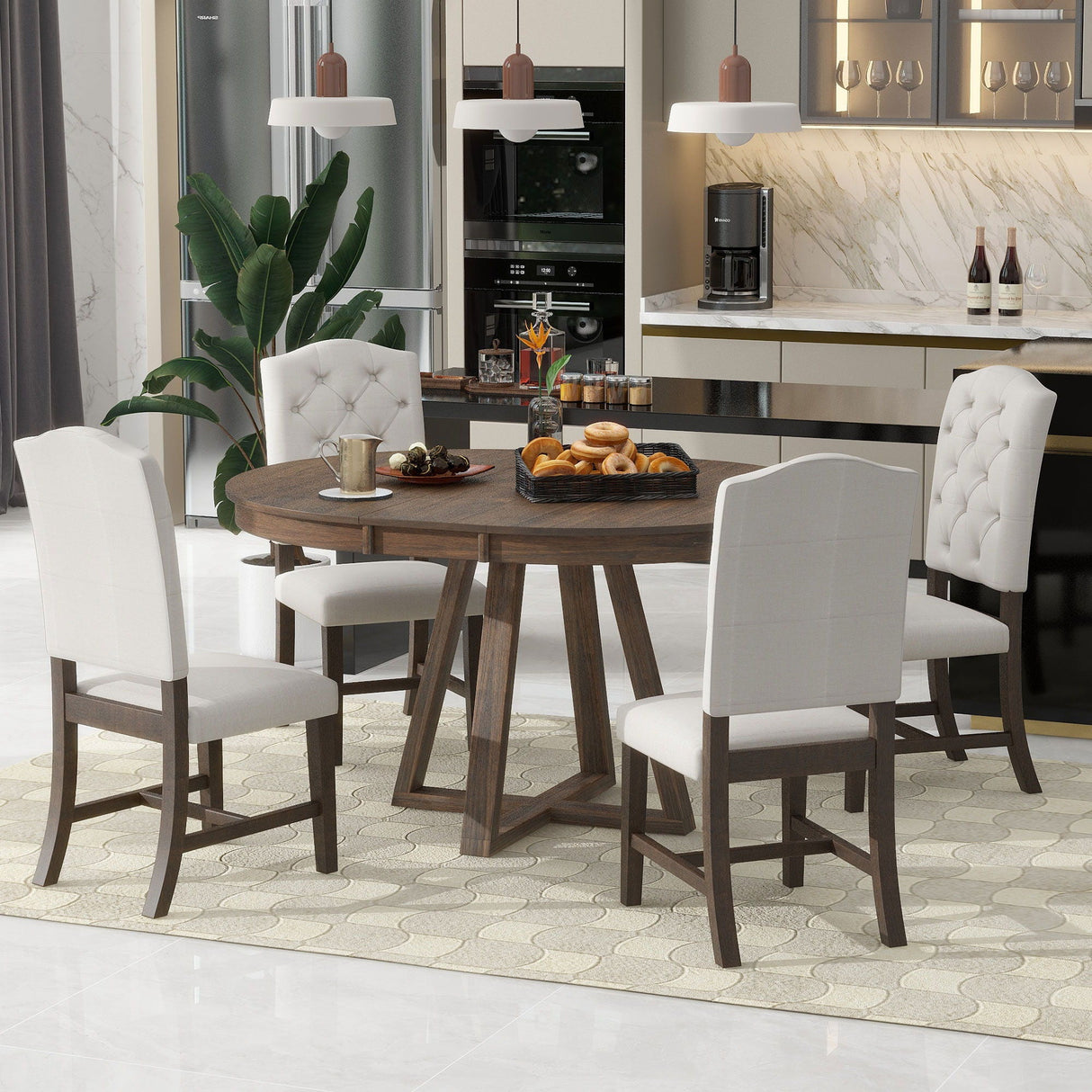 Retro Functional Dining Set, Round Table With Leaf And Upholstered Chairs For Dining Room And Living Room by Couch.com