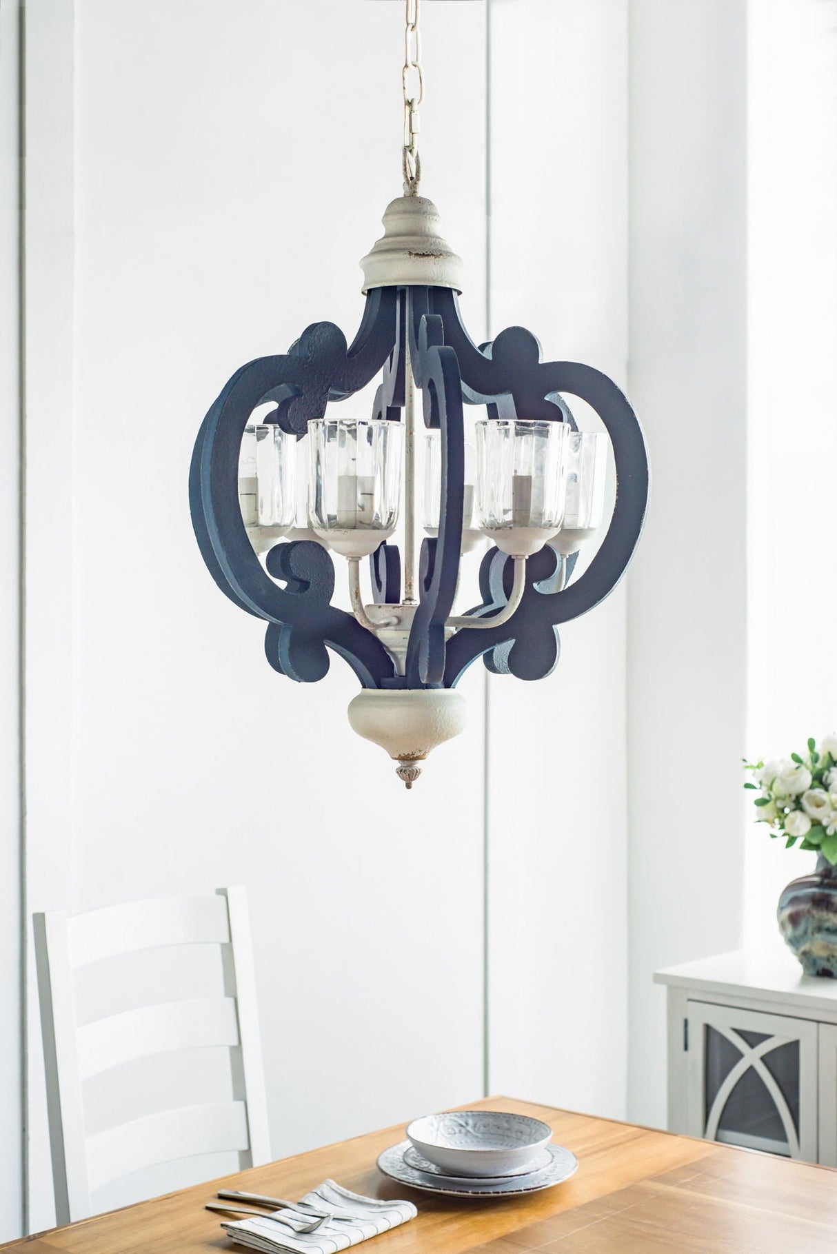 Wood Chandelier 6 Light Farmhouse Pendant Lighting Cream