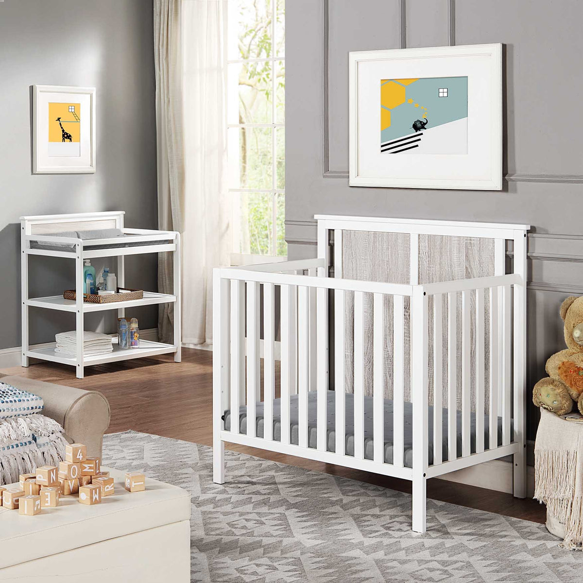 Connelly 3-in-1 Mini Crib with Mattress Pad, White / Rockport Gray