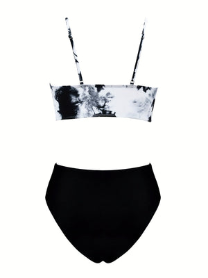 Coastal Flair V-Neck Bikini Set – Eye-Catching Random Print Two-Piece Chic Swimsuit with Spaghetti Straps High Cut Shorts and Ultra-Stretch Comfort – Women’s Summer Swimwear for Beach Days & Casual Poolside Vibes