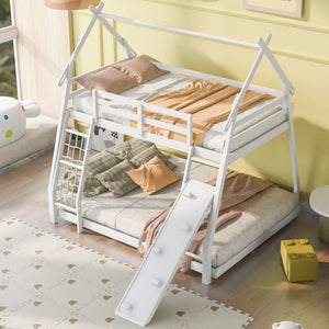 Twin Over Queen House Bunk Bed With Climbing Nets And Climbing Ramp by Couch.com