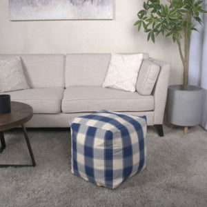 Connor - Checkered Square Pouf Ottoman And Floor Cushion - Ivory / Navy by Couch.com