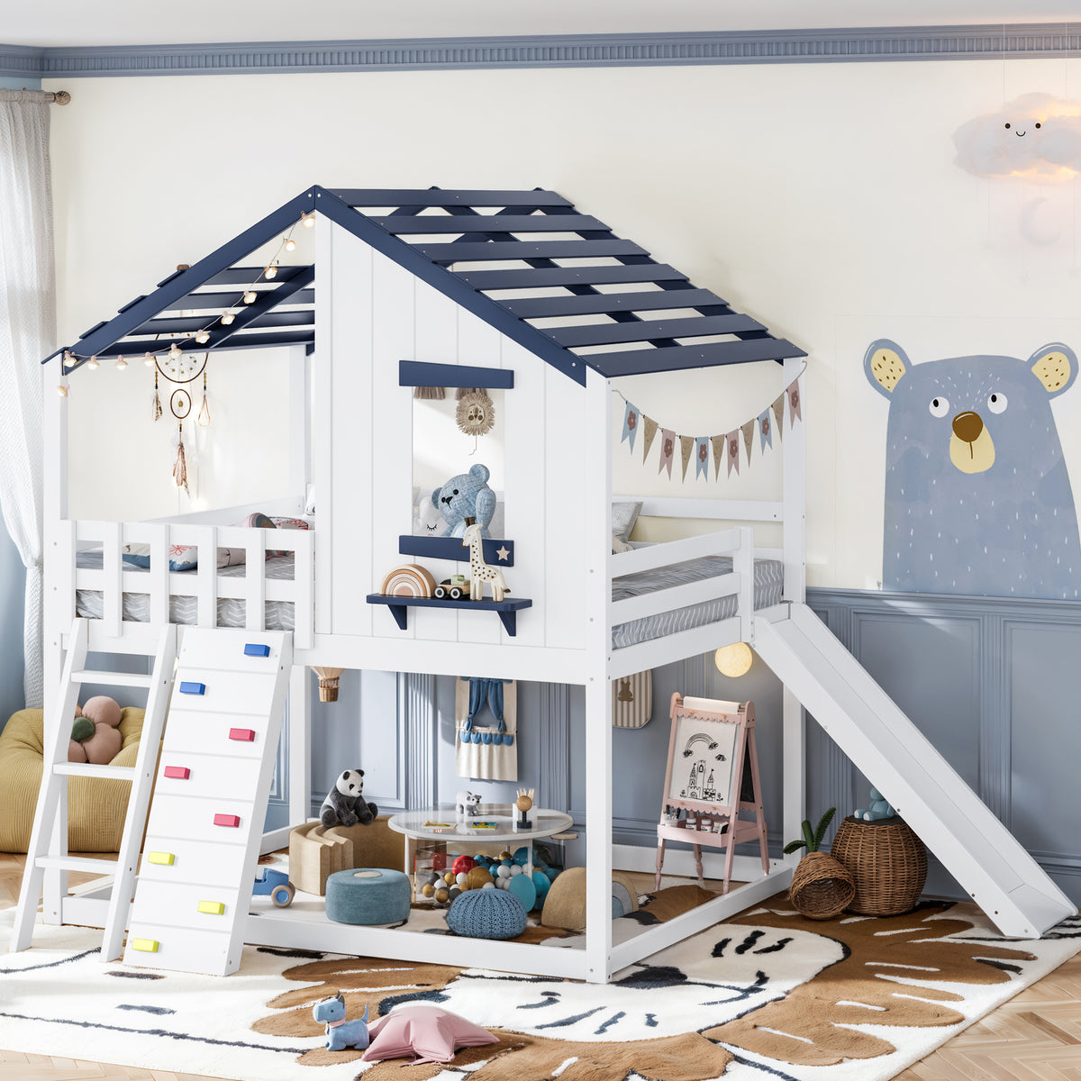 Full Size Playhouse Loft Bed with Movable Slide, Rock Climbing and Ladder, Wood Loft Bed Frame with Roof and Window, Various Placement Methods, Converted into Bunk Bed, White+Blue
