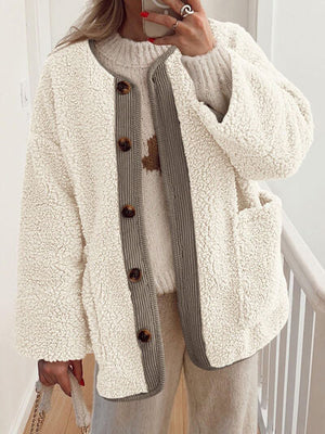 Modern Cozy Women Luxuriously Cozy Contrast Button Up Sherpa Jacket with Pockets For Fall & Winter