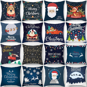 1Pcs Blue Christmas Tree Deer Santa Claus Pattern Polyester Cushion Cover Merry Christmas Throw Cushion Covers Tree Reindeer Star Pillow Case For Party Home Decoration Decorative Sofa Home Decor Pillowcover 45x45cm