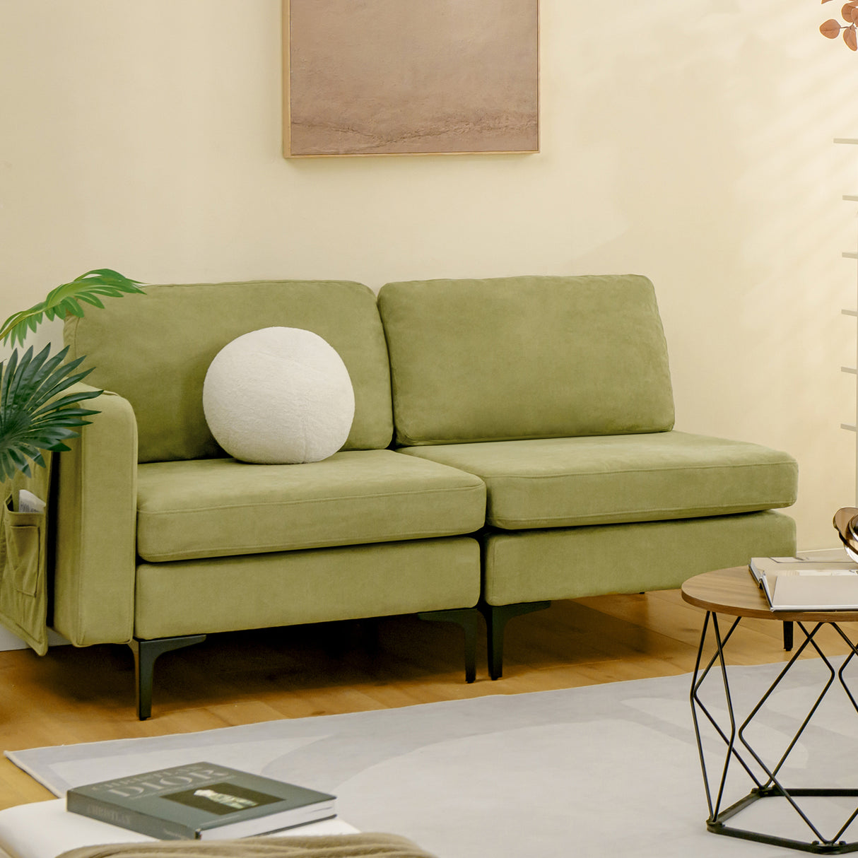 3-Seat Sectional Sofa Couch with Armrest Magazine Pocket and Metal Leg-Green