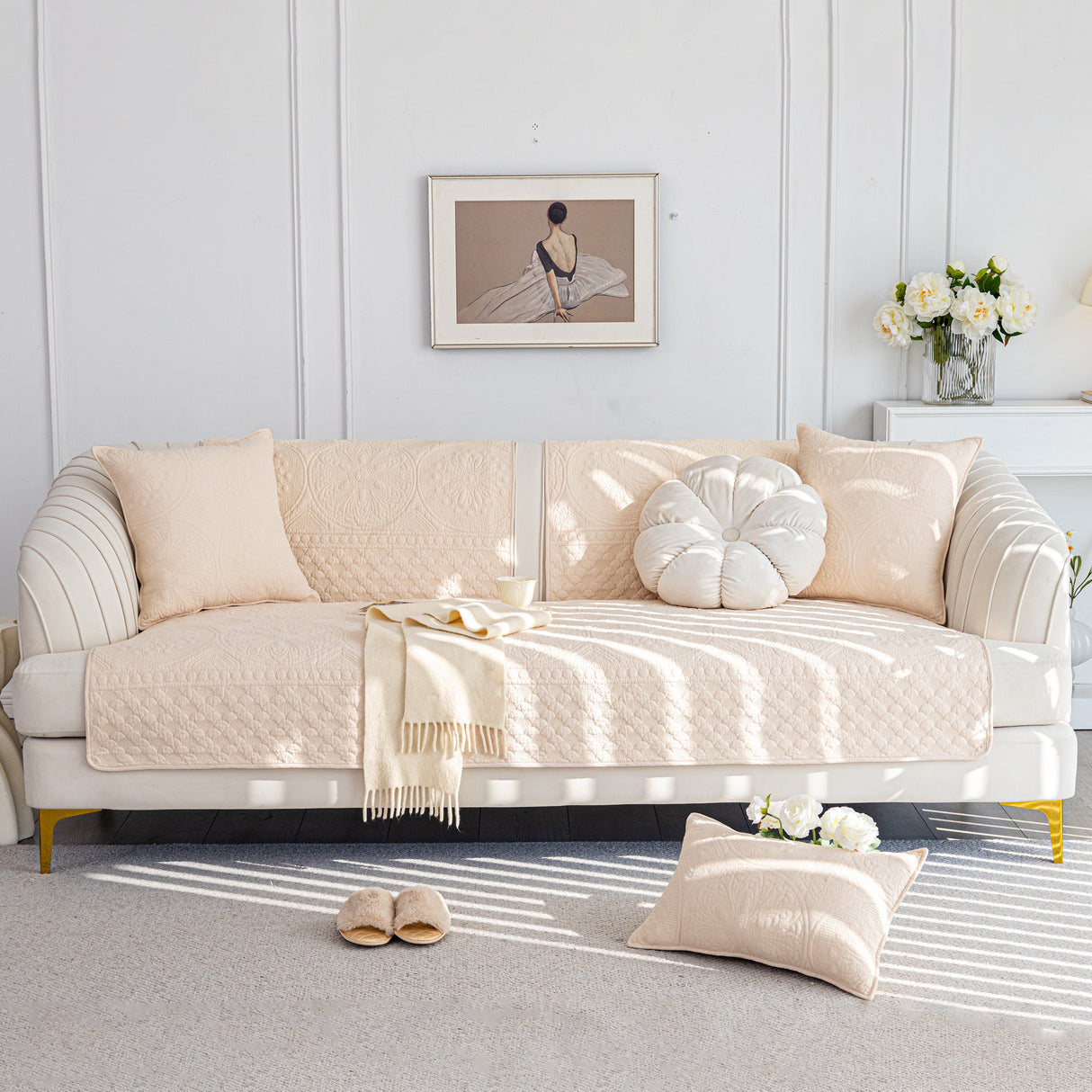 Cotton Quilted Sofa Cover, Non-Slip Couch Protector Fits Backrest, Seat & Armrest