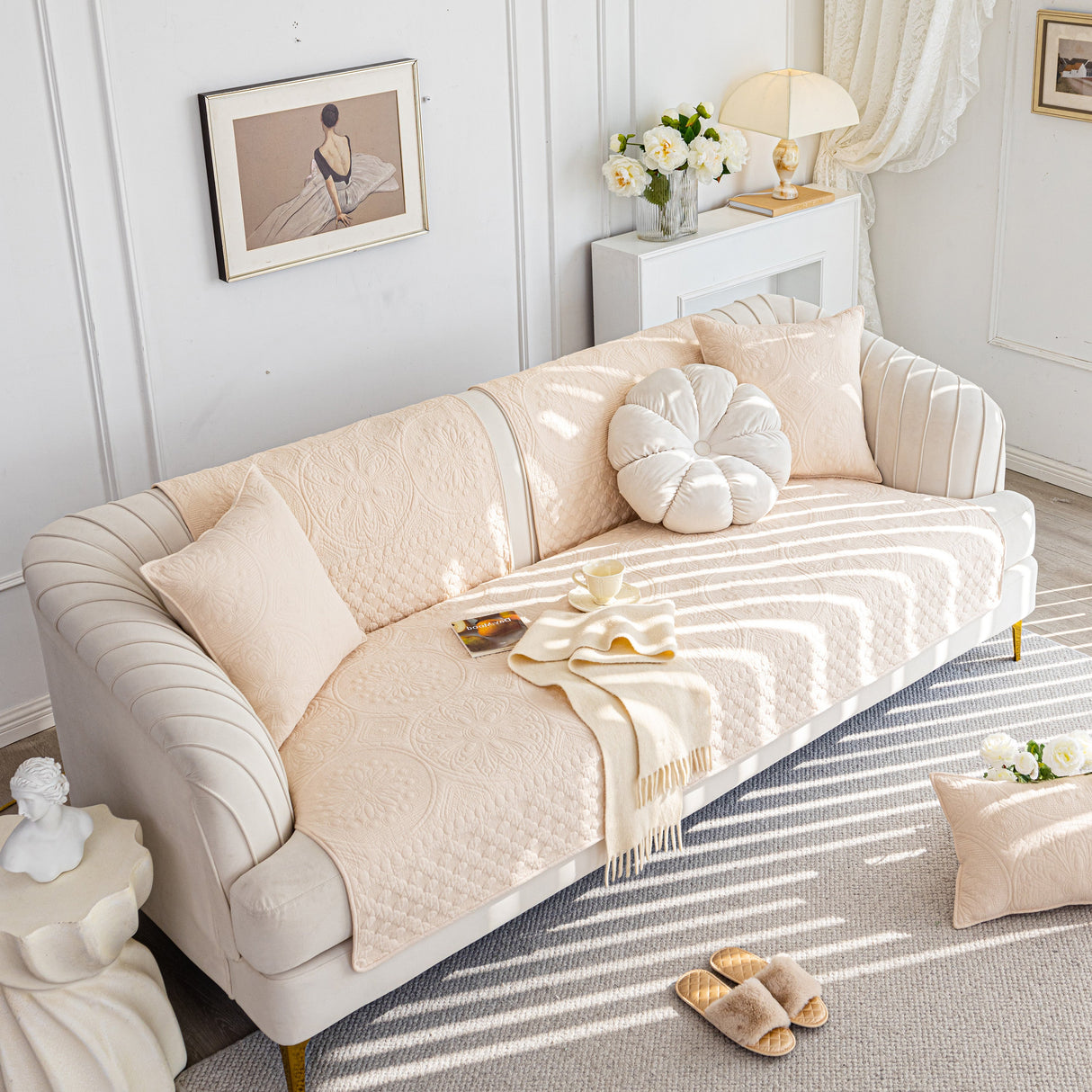 Cotton Quilted Sofa Cover, Non-Slip Couch Protector Fits Backrest, Seat & Armrest