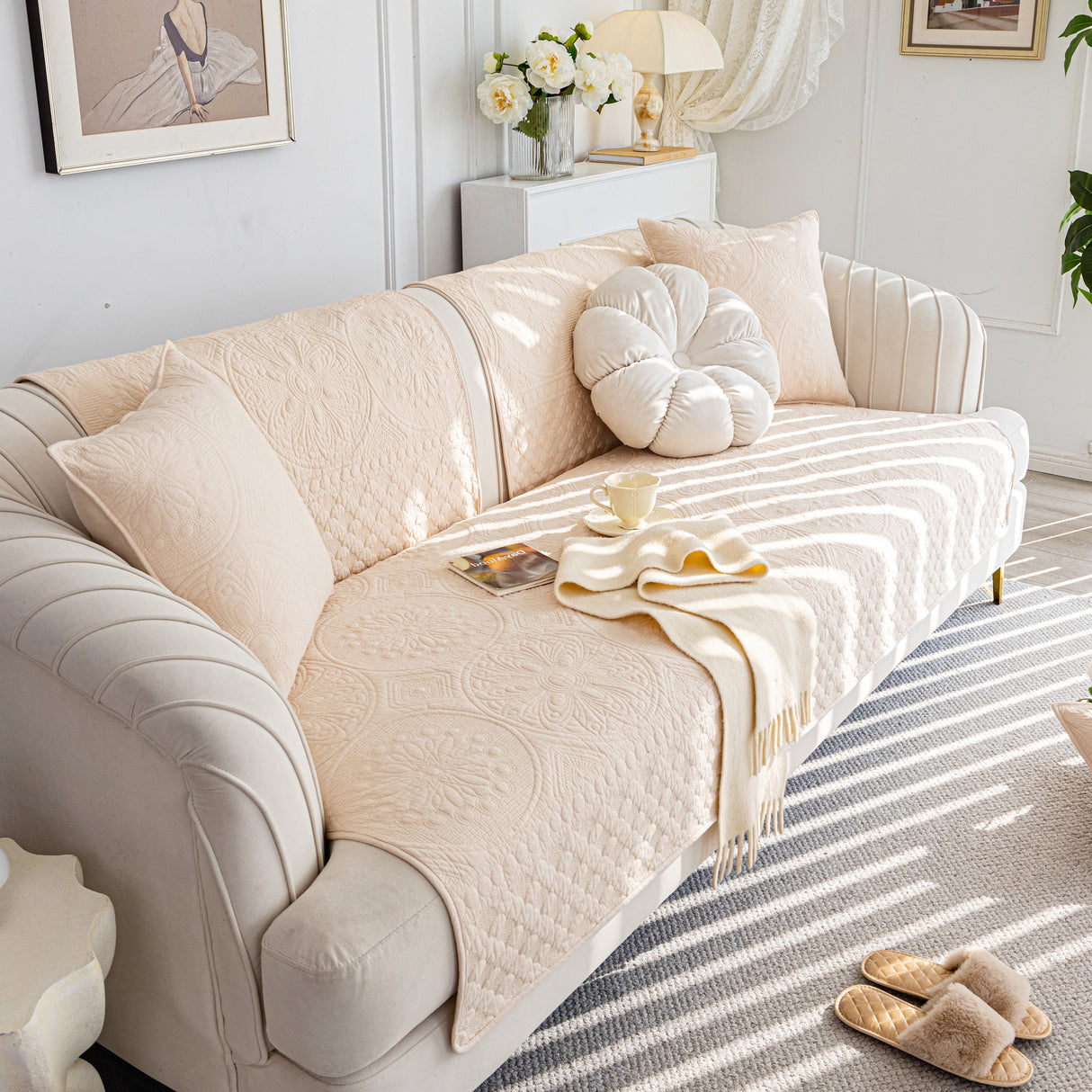 Cotton Quilted Sofa Cover, Non-Slip Couch Protector Fits Backrest, Seat & Armrest