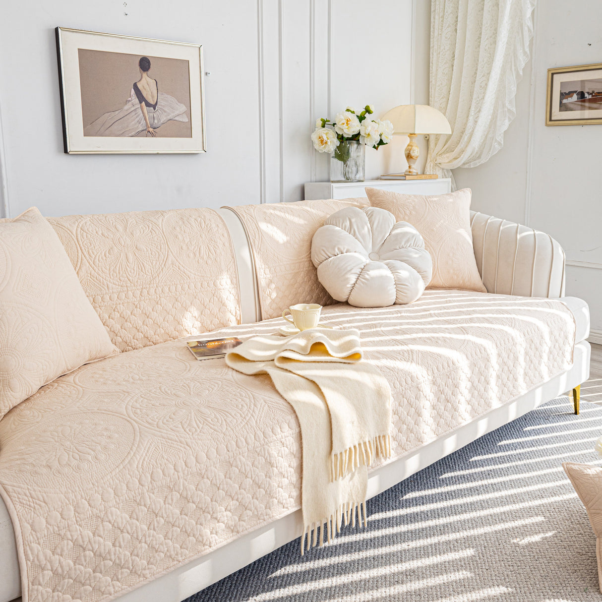 Cotton Quilted Sofa Cover, Non-Slip Couch Protector Fits Backrest, Seat & Armrest