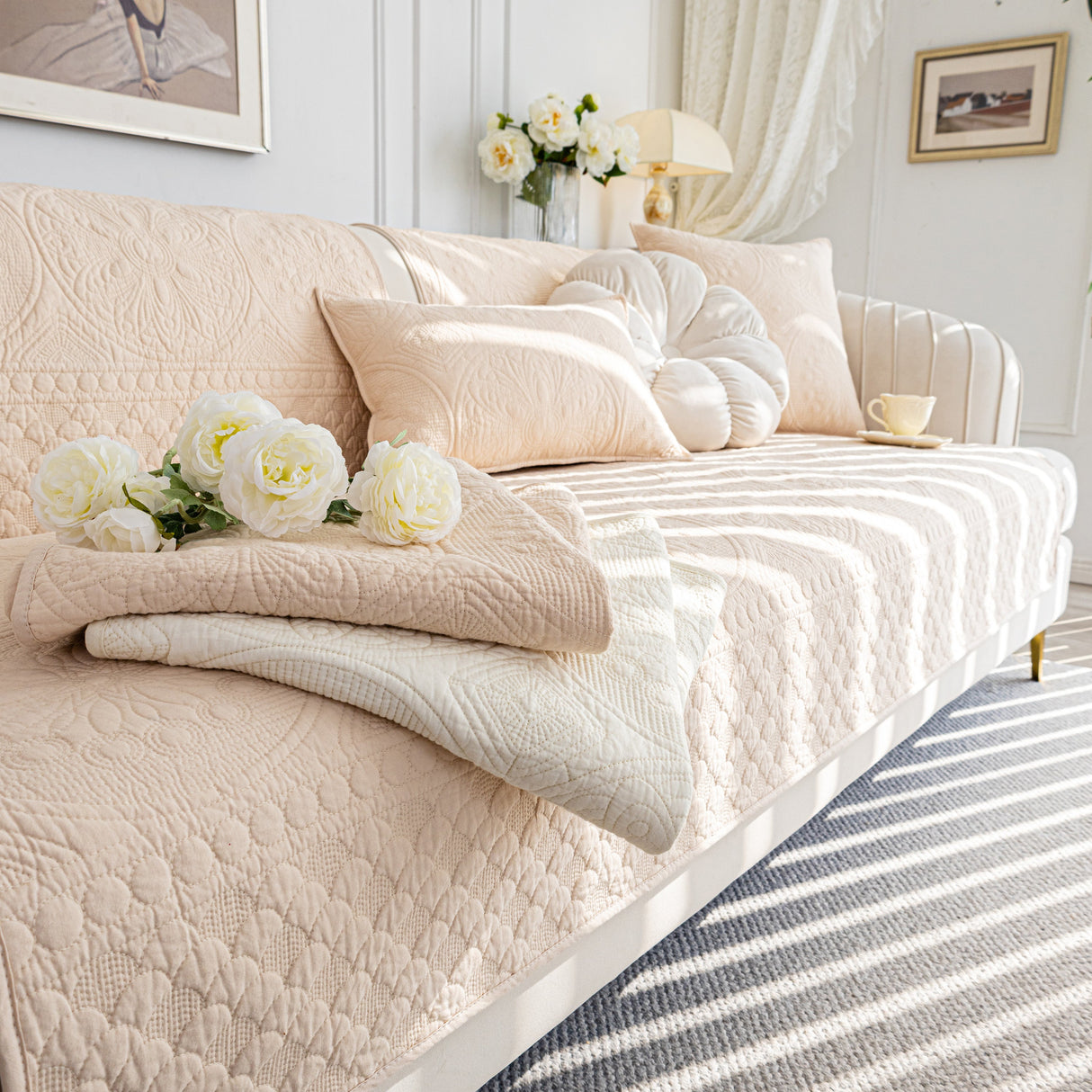 Cotton Quilted Sofa Cover, Non-Slip Couch Protector Fits Backrest, Seat & Armrest