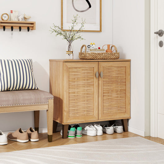 2-Door 4-Tier Shoe Cabinet Storage Organizer with Ventilated Woven Doors-Teak