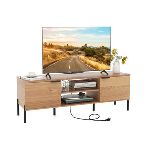 2-Door TV Stand with Charging Station and Open Shelves for TVs up to 65 Inches-Natural