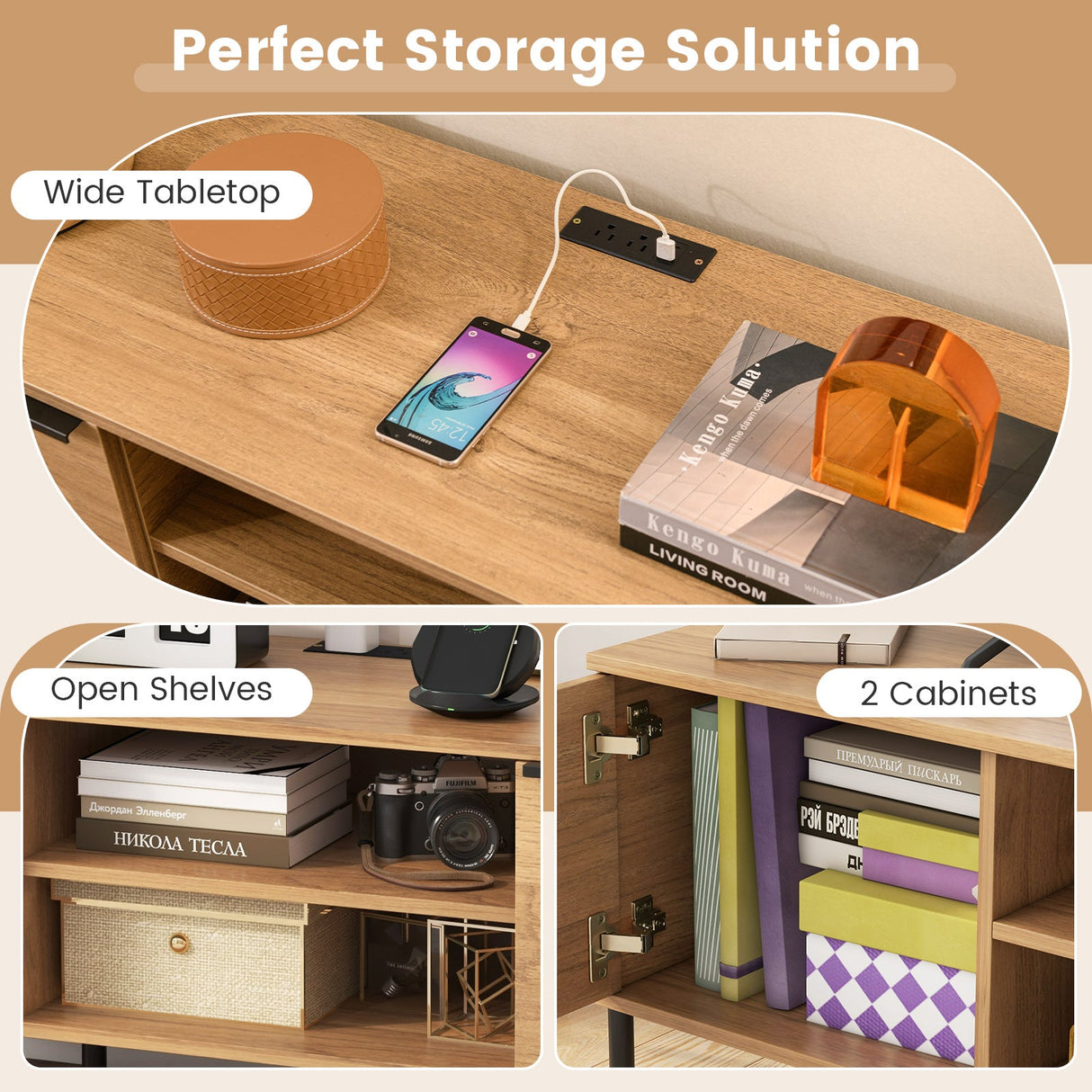 2-Door TV Stand with Charging Station and Open Shelves for TVs up to 65 Inches-Natural