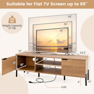 2-Door TV Stand with Charging Station and Open Shelves for TVs up to 65 Inches-Natural