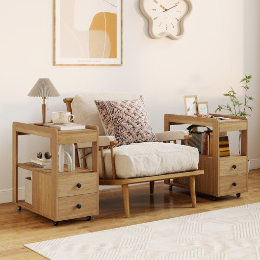 2-Drawer Sofa Side Table with Shelves for Living Room-Natural