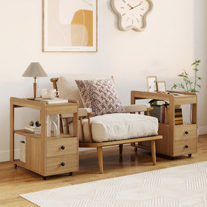 2-Drawer Sofa Side Table with Shelves for Living Room-Natural