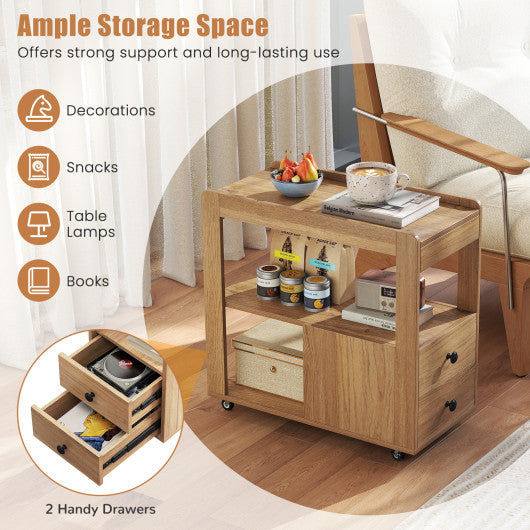 2-Drawer Sofa Side Table with Shelves for Living Room-Natural