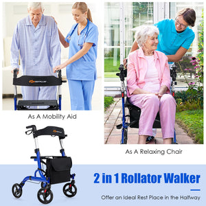 Folding Aluminum Rollator Walker with 8 inch Wheels and Seat-Blue