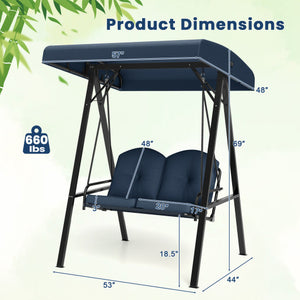 2-Person Outdoor Porch Swing with A-Shaped Metal Stand and Adjustable Canopy-Navy