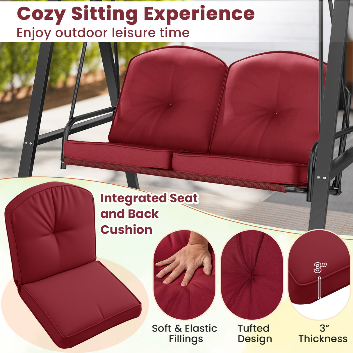 2-Person Outdoor Porch Swing with A-Shaped Metal Stand and Adjustable Canopy-Wine