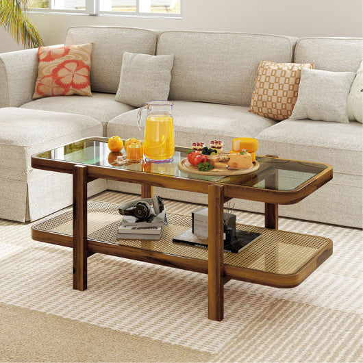 2-Tier Coffee Table with Storage and Tempered Glass Tabletop-Brown