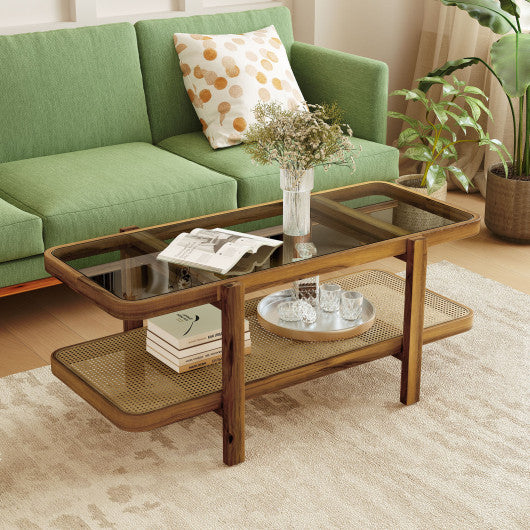 2-Tier Coffee Table with Storage and Tempered Glass Tabletop-Brown