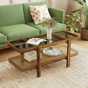 2-Tier Coffee Table with Storage and Tempered Glass Tabletop-Brown