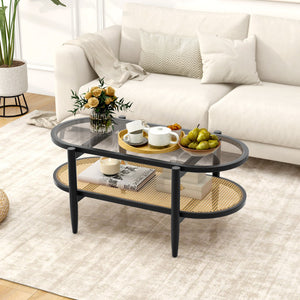2-Tier Coffee Table with Tempered Glass Tabletop and Acacia Wood Frame-Black