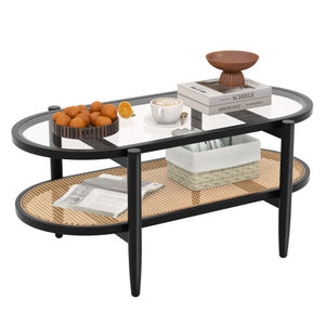 2-Tier Coffee Table with Tempered Glass Tabletop and Acacia Wood Frame-Black