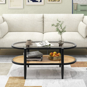 2-Tier Coffee Table with Tempered Glass Tabletop and Acacia Wood Frame-Black